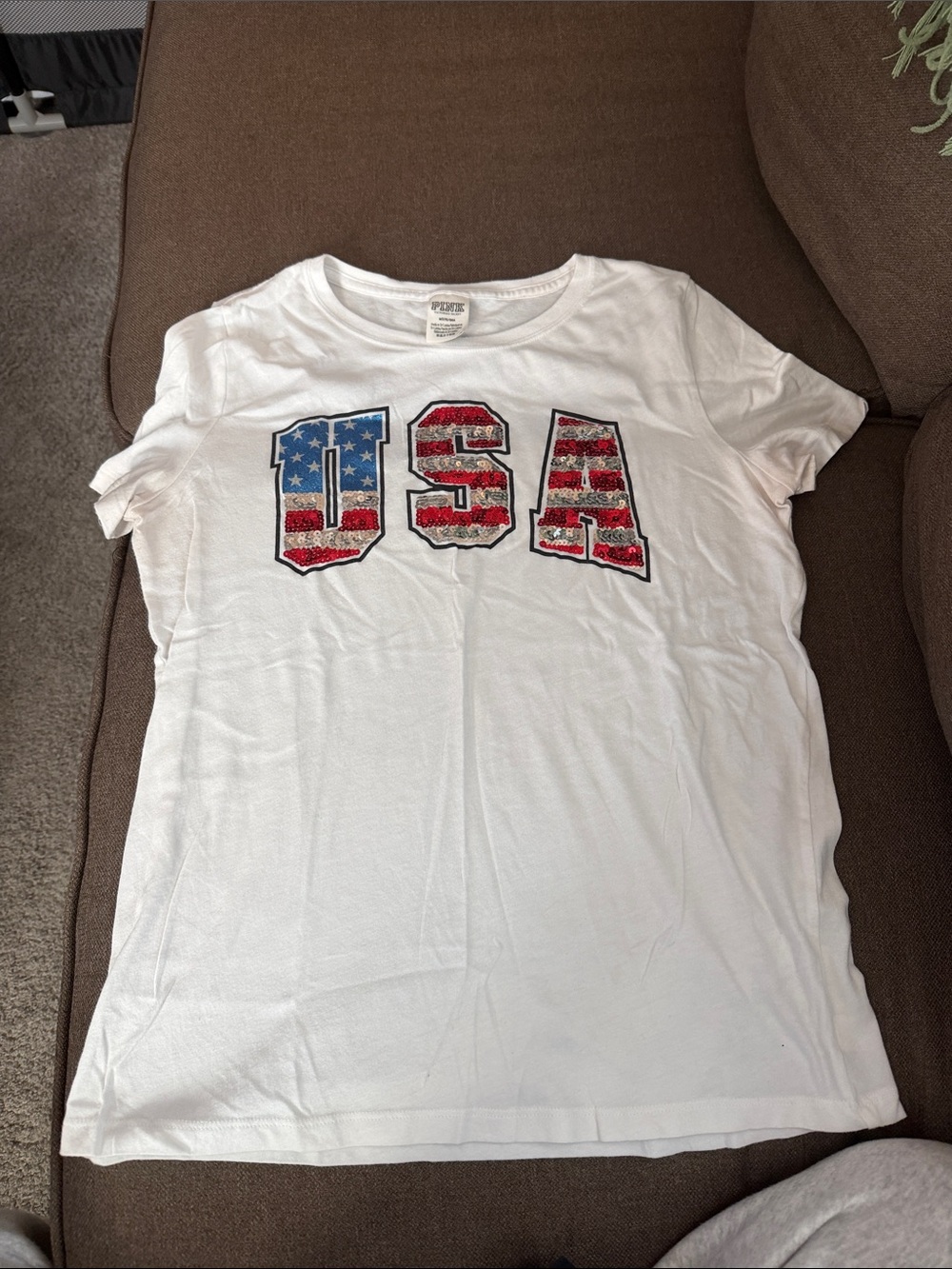 PINK Victoria's Secret White Short Sleeve Tee with USA Sequin Graphic